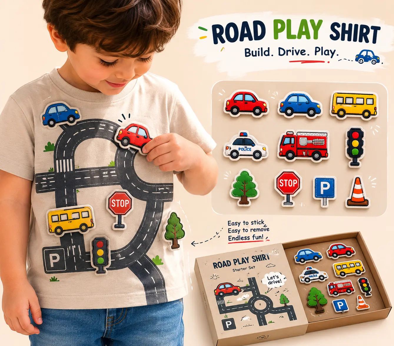 Child wearing the Bibo Play Tee with Road Play Shirt pieces attached