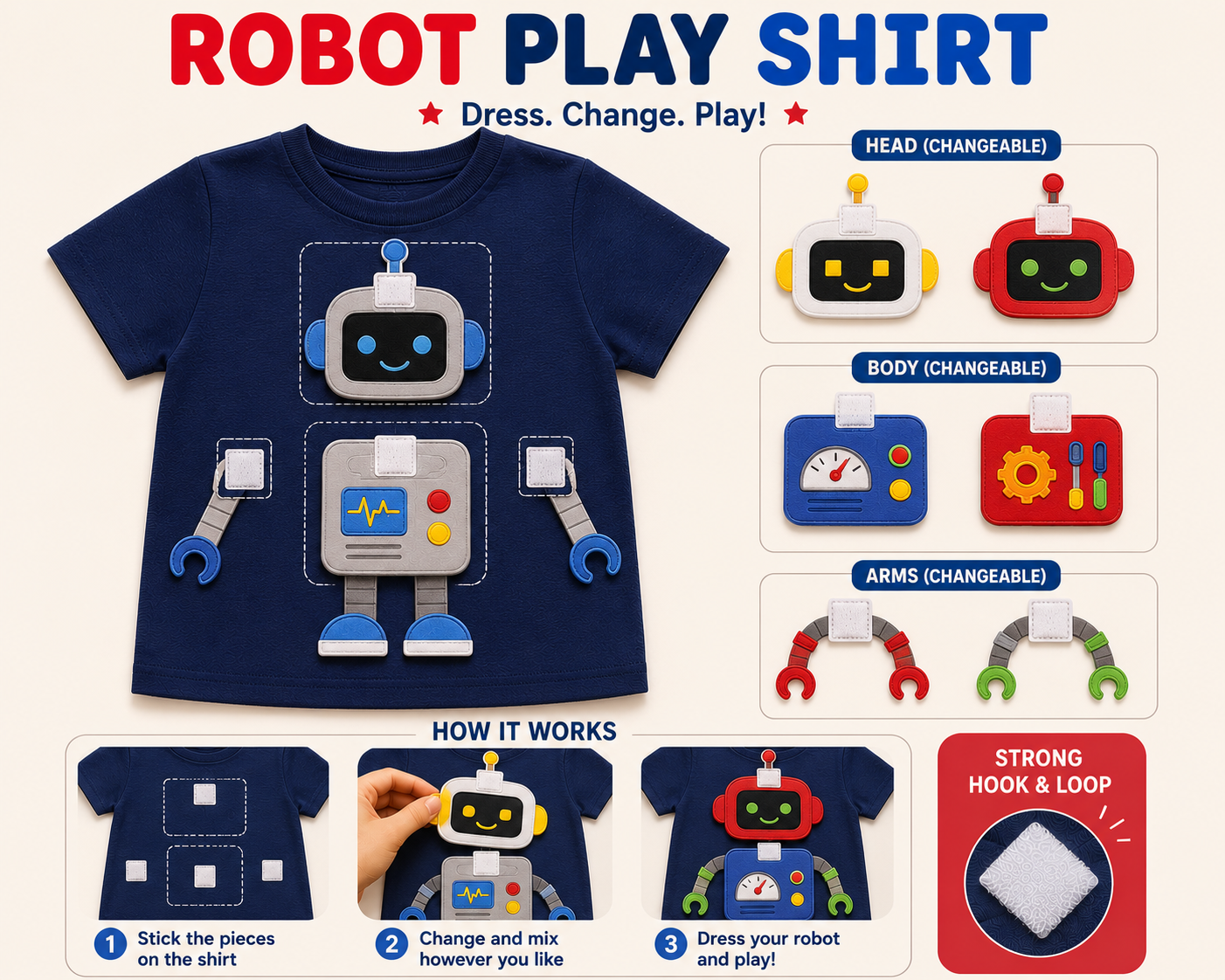 Child wearing the Bibo Play Tee with Robot Play Shirt pieces attached